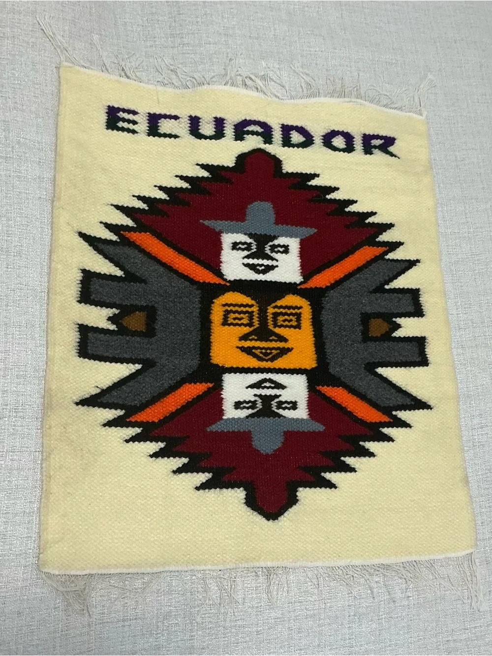Vintage Ecuadorian Hand Woven Wool Tapestry Wall Hanging Ecuador Sun Folk Art
